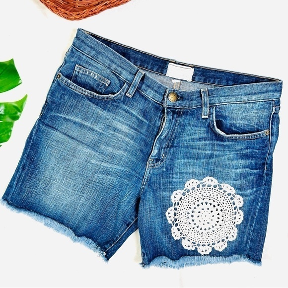 Current Elliot High Rise The Rolled Short Crochet Lace Denim Jean Shorts Frayed - Picture 2 of 16